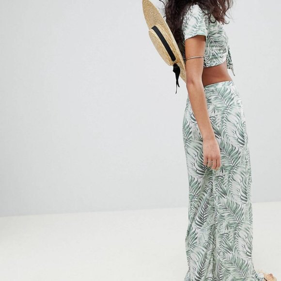 ASOS Green Tropical Palm Print Split Front Wide Leg Pants Women’s Size 6 - Picture 4 of 10